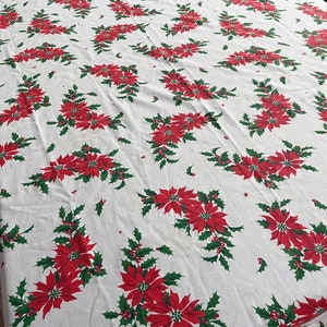 Christmas Poinsettias Cotton Tablecloth or Fabric yardage Vintage 4 1/2 x 9 1/2 feet , Use as a retro tablecloth or as fabric yardage image 3