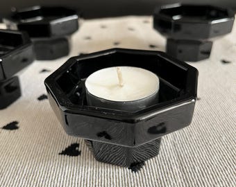 Arcoroc Candle Holder - Black Glass Set of 4 candle holders taper or tea light, Octime Arcopal - gothic home decor 1980s vintage