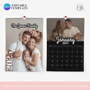 Calendario Fotos Personalizado 2025, Calendario Personalizado, Calendario 12 Meses, Calendario de Pared, Plantilla Editable, Diseño de Canva