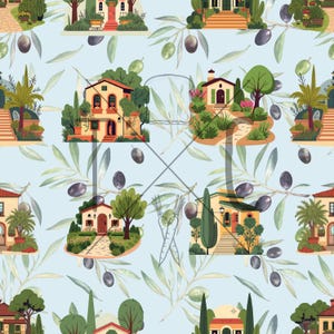 Könnte beinhalten: Ein sich wiederholendes Muster mit Illustrationen von Häusern im mediterranen Stil, Olivenzweigen und Oliven auf hellblauem Hintergrund. Die Häuser haben rote Ziegeldächer und üppiges Grün.