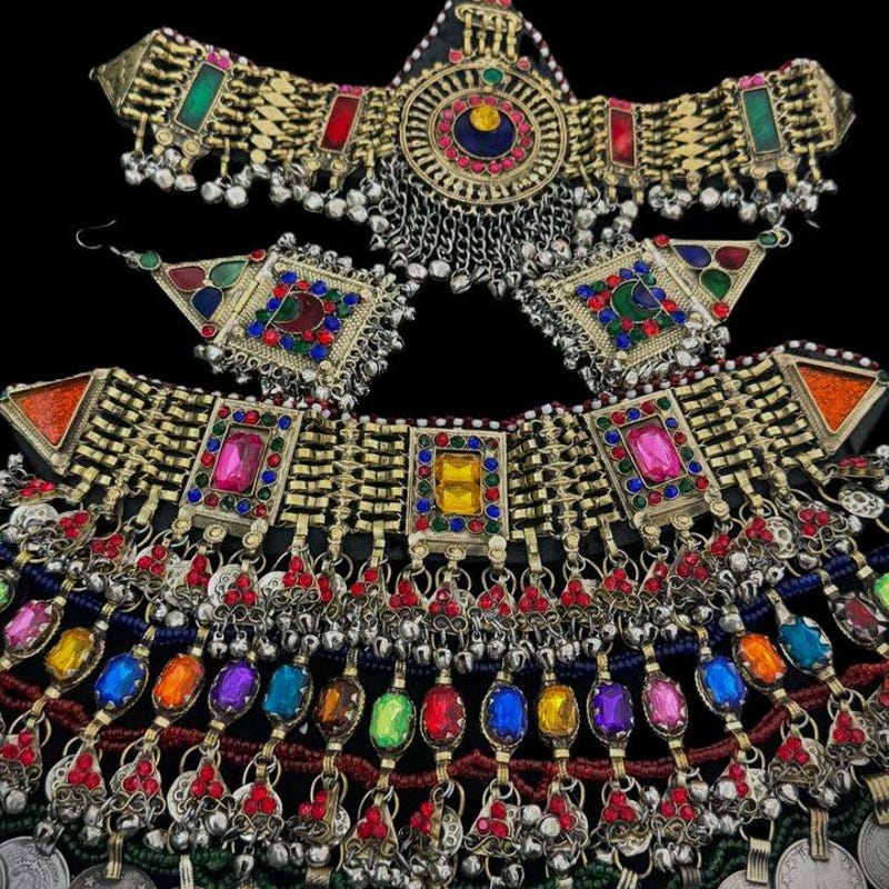 Vibrant Multi-Color Afghani Tribal Jewelry Set for Women – Statement Necklace & Earrings