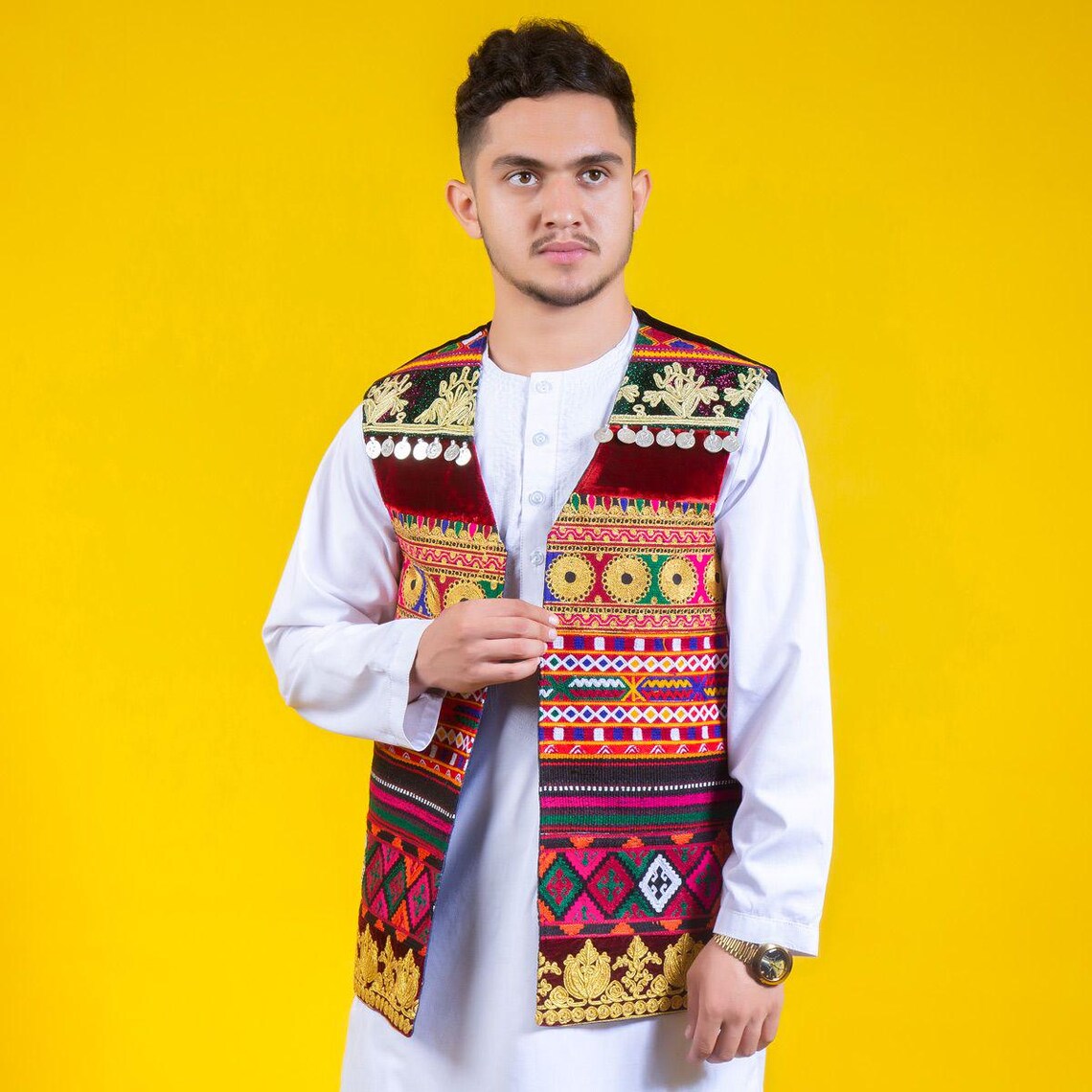 Multicolor Embroidered Afghani Velvet Waistcoat for Men main image 1