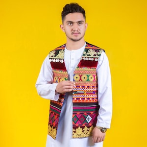Afghan Men’s Traditional Velvet Waistcoat with Charma Embroidery. Handmade Vintage-style embroidered Traditional Afghan Waistcoat