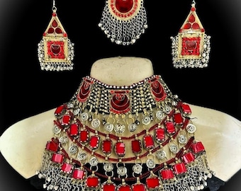 Afghan Choker Necklace, Headpiece & Earrings: Kuchi Jewelry Set