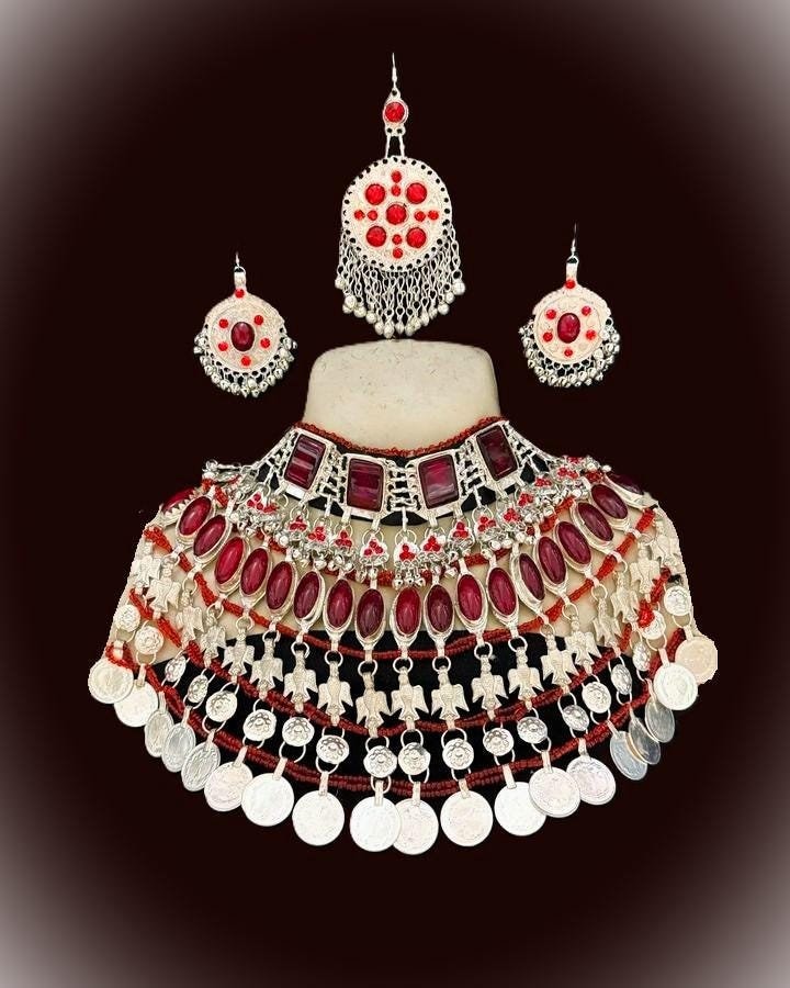 Handmade Afghan Jewelry Set: Choker Necklace, Headpiece & Earrings