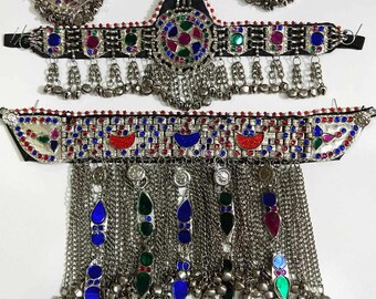 Afghan Handmade Tribal Jewelry Set: Necklace, Tikka, Earrings