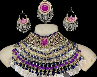 Afghan Choker Necklace, Headpiece & Earrings: Kuchi Jewelry Set