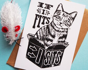 Cat in a Box Greeting Card, If I Fits, I sits Card, Cat Card, Cat notelet, From Linocut Design, Funny Card, Funny Animals A6