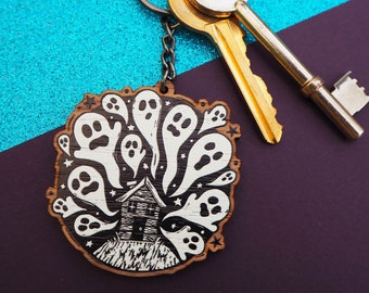 Spooky Ghost House Wooden Keyring