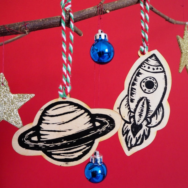 Space Rocket and Planet Christmas Tree Decorations Printed Wooden Baubles, Space Gift, Linocut Lasercut Decoration, Science Decorations