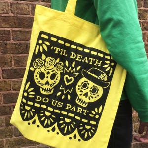 Day of the Dead Hand Printed Cotton Tote Bag Canvas Shopping bag, cotton bag, reusable bag, Screen Print, Skull bag image 3