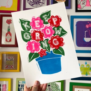 Keep growing flower pot wellbeing linocut print A4 print image 1