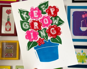 Keep growing flower pot wellbeing linocut print - A4 print