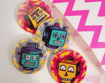 Robot gang Button badges, Stocking Stuffer, lapel pin, 80s Pin badge, party bag fillers, party favours, Stocking fillers