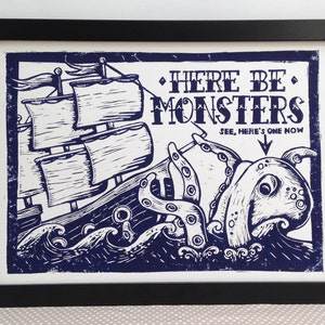 Here be Monsters Linocut Print Sea Monster Lino Print, Nautical Print, Sailor Tattoo, Bathroom Print, Kraken, Ship Tattoo, White and Navy Blue