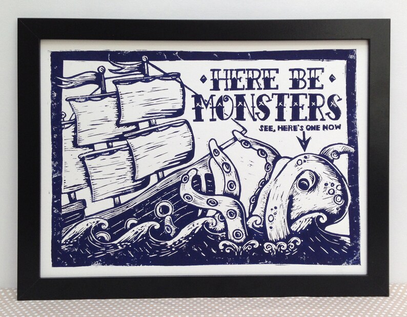 Here be Monsters Linocut Print Sea Monster Lino Print, Nautical Print, Sailor Tattoo, Bathroom Print, Kraken, Ship Tattoo, White and Navy Blue