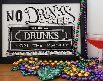 New Orleans Piano Drunks Linocut - No Drinks Sign, Bar Sign, Cocktail Print, New Orleans Art, NOLA Art, Pianist, Musical Print, Funny Sign