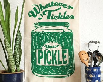 Pickle Tea Towel, Dish Towel, Napkin, 100% Cotton Kitchen Towel, Whatever Tickles Your Pickle, Gherkin Food Print Kitchen Gift