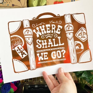 Where Shall We Go Metallic Mini Foil Print From Linocut, Funny print, Travel Art, Wanderlust Print, image 6