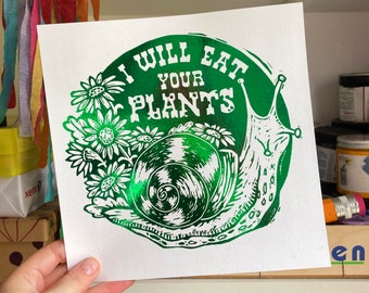 Snails Gardening Battle Foil Print (from Linocut),