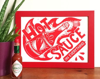 Hot Sauce Lover Linocut Print, Lino print, funny print, New Orleans Print, Food Print, Kitchen Art, Louisiana, Chilli