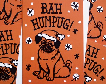 Pug Christmas cards - Christmas Pun Cards multipack Dog Funny Christmas cards Lino print card, Pun Christmas, Animal Christmas Card