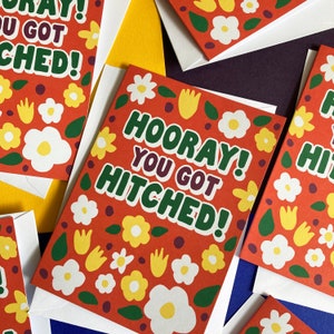 Hooray You Got Hitched Civil Partnership and Wedding Card, Retro Flower Wedding card A6 image 2