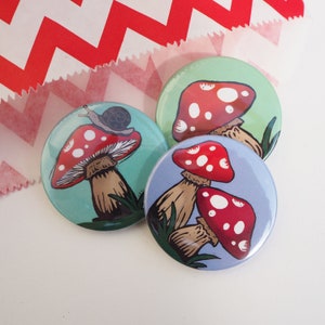 Toadstool Mushroom badges, Summer fun, fairycore pin badges, party bag fillers, party favours, Stocking fillers