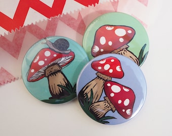 Toadstool Mushroom badges, Summer fun, fairycore pin badges, party bag fillers, party favours, Stocking fillers