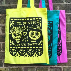 Day of the Dead Hand Printed Cotton Tote Bag Canvas Shopping bag, cotton bag, reusable bag, Screen Print, Skull bag image 4