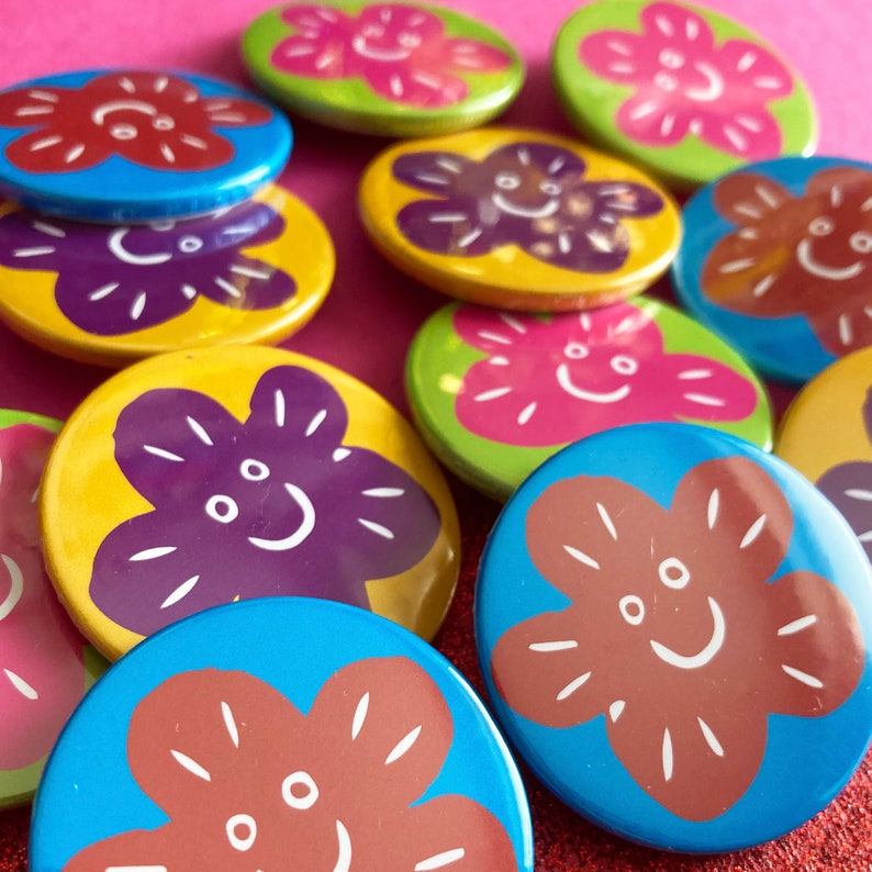 Happy Rainbow Flower Power badges, Set of badges, lapel pin, Pin badge, party bag fillers, Self care, Positive mental health image 4