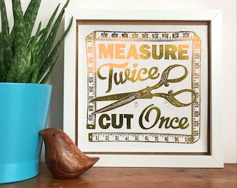 Sewing Print, Dress Making and Quilting Gold Foil Print (from Linocut)