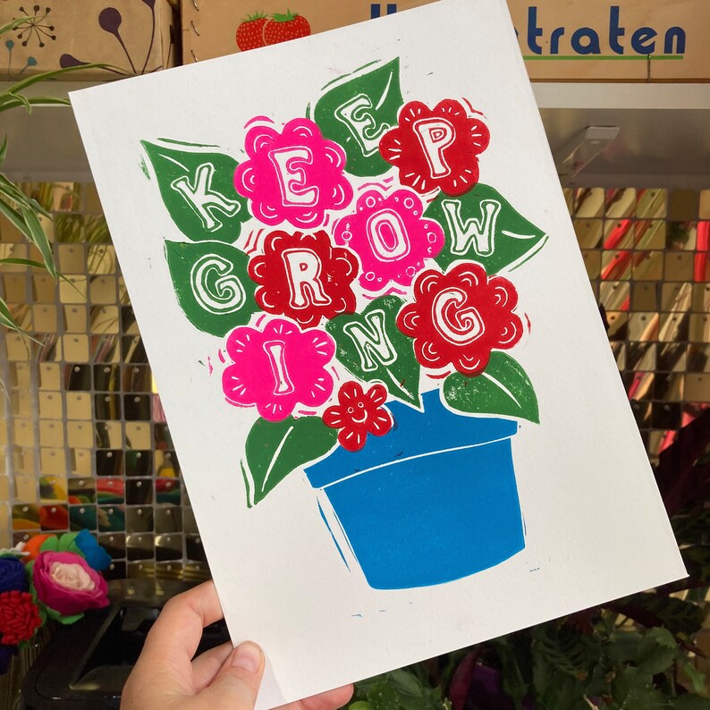 Keep growing flower pot wellbeing linocut print A4 print image 5