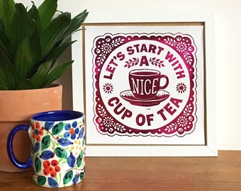 Nice Cup of Tea Foil Print, Decorative Print, Cottage Style Art, Kitchen Art,, British Print, Lino Print, Letterpress