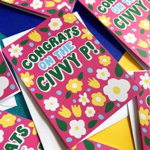 Bright colourful Civil Partnership Card, Civvy P Card, Retro Flower congratulations card A6