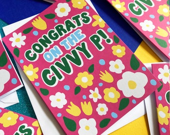 Bright colourful Civil Partnership Card, Civvy P Card, Retro Flower congratulations card A6