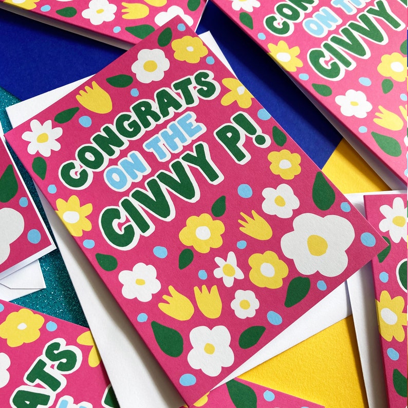 Bright colourful Civil Partnership Card, Civvy P Card, Retro Flower congratulations card A6 image 1