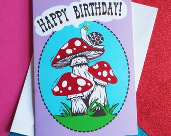 Cute Mushroom Fairy Ring and Party Snail Happy Birthday Card, A6 size