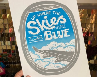 Blue Skies Airplane Window Travel Inspired Linocut Print - A4 print