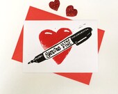 Grappige Linocut Valentines Card, Ultra Fijne pen, Geeky Valentines kaart, hand gedrukte kaart, verjaardag kaart, Marker Pen,