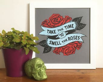 Rose Tattoo Linocut Print, Lino Print Take the Time to Smell the Roses, Kitchen Art, Hand Printed Poster, Letterpress Poster