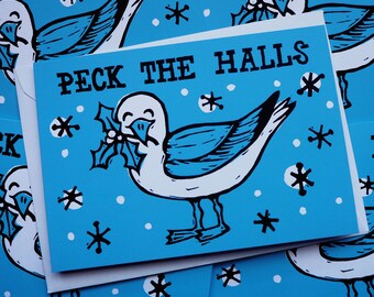 Seagull Bird Linocut Funny Christmas cards - Christmas Card multipack Lino print card, Pun Christmas, Animal Christmas Card, Seaside
