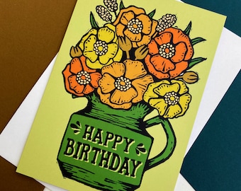 70s flowers Birthday Card, Seventies Vintage style Birthday Card, Cute Birthday card, Retro Birthday Card A6