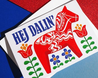 Hej Dalin Card, Swedish Dala Horse Card, Anniversary Card, Swedish Folk Art Inspired, Just Because Galentines Card, Friendship Card A6