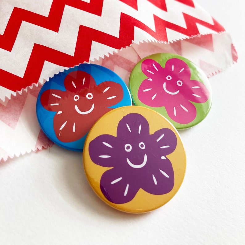 Happy Rainbow Flower Power badges, Set of badges, lapel pin, Pin badge, party bag fillers, Self care, Positive mental health image 1