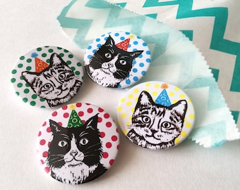 Party Cat Button badges, Stocking Stuffer, cat lover gift, lapel pin, Pin badge, party bag fillers, party favours, Stocking fillers