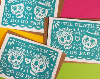 Til Death Do Us Part Day of the Dead Linocut Wedding Card A6 Civil Partnership Card, Alternative Wedding Card, Día de los Muertos