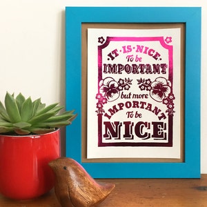 Important to be Nice Metallic Foil Mini Proverb Print From Linocut, Letterpress Print, Gold Foil Print, Flower Print image 1