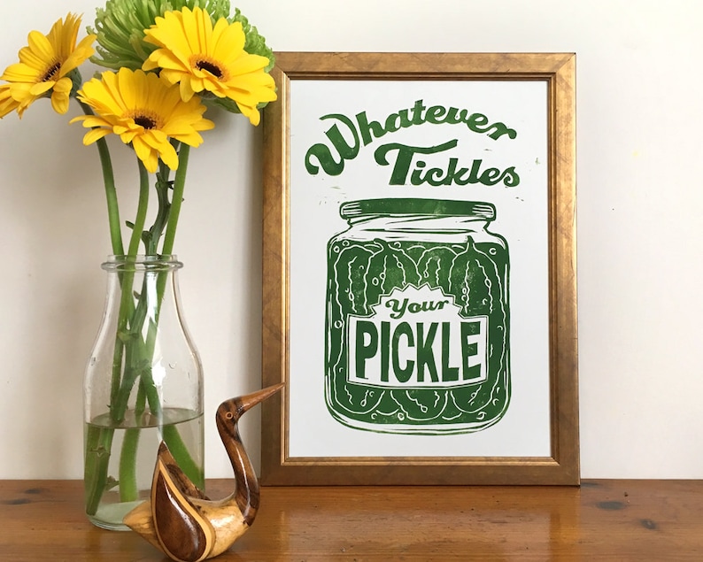 Whatever Tickles Your Pickle Linocut Print image 1