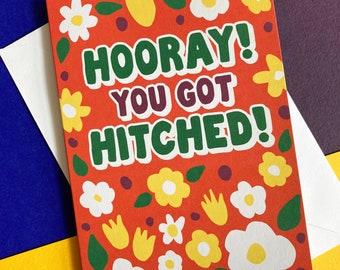 Hooray You Got Hitched Card: Retro Flower Wedding or Civil Partnership